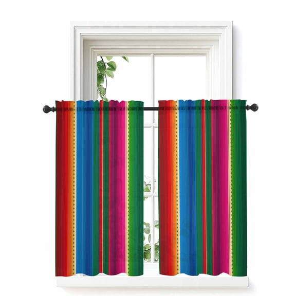 Mexican Stripes Curtains 45 Inch Length, Sheer Curtains for Bedroom Living Room Window Blue Boho Red Green Orange Art Simple Rod Pocket Drapes Kitchen Curtains Small Half Window 42"x45" 2 Panels