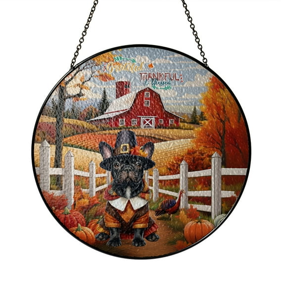 Thanksgiving French Bulldog Pilgrim Grateful, Thankful, Blessed Fall Welcome Stained Glass Suncatcher Dog Lover Gifts Window Hanging Sign Decor - 00021