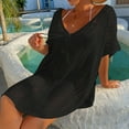thumbnail image 3 of Women's Crochet Beach Cover Up V Neck Tie Front Striped Knit Sheer Oversized Tunic Tops Boho Beach Wear Plus Size Swimsuit Cover up Black One Size, 3 of 6