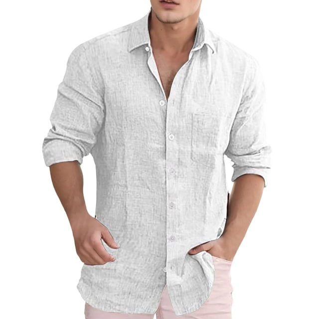 Camisas Para Hombre Camisa de manga larga con bolsillo de solapa de color sólido suelto informal para hombre (White, L)