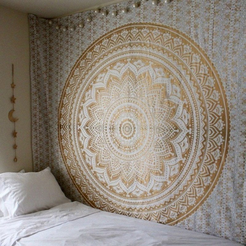 Indian Blue & Gold Mandala Tapestry Wall Hanging Queen Bedspread Hippie Bohemian 