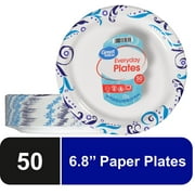 Great Value Everyday Strong, Soak Proof, Microwave Safe, Disposable Paper Plates, 6.8 in, Patterned, 50 Count