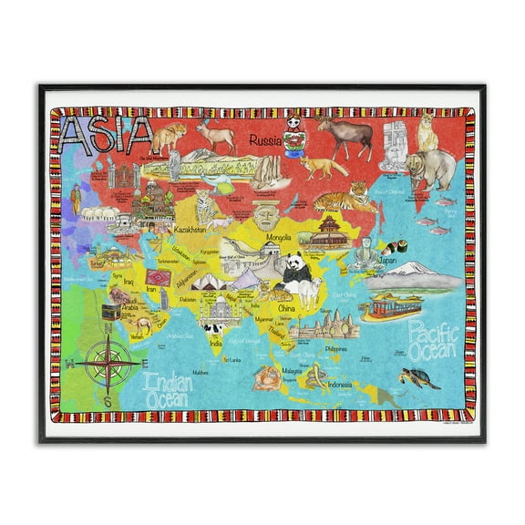 Stupell Industries Asian Animal Map Travel & Places Painting Black Framed Art Print Wall Art, 14 x 11