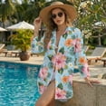 thumbnail image 2 of Renewold Beach Cover Ups for Women Breathable Bikini Coverups with Pocket Hawaii Button Down Shirts for Women Long Shirt Bathing Suit Cover Up Vacation Clothes, Hibiscus Plumeria Leaf Print, S, 2 of 5