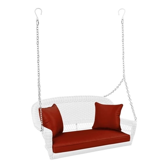 Pemberly Row Wicker Porch Swing in White with Red Cushion