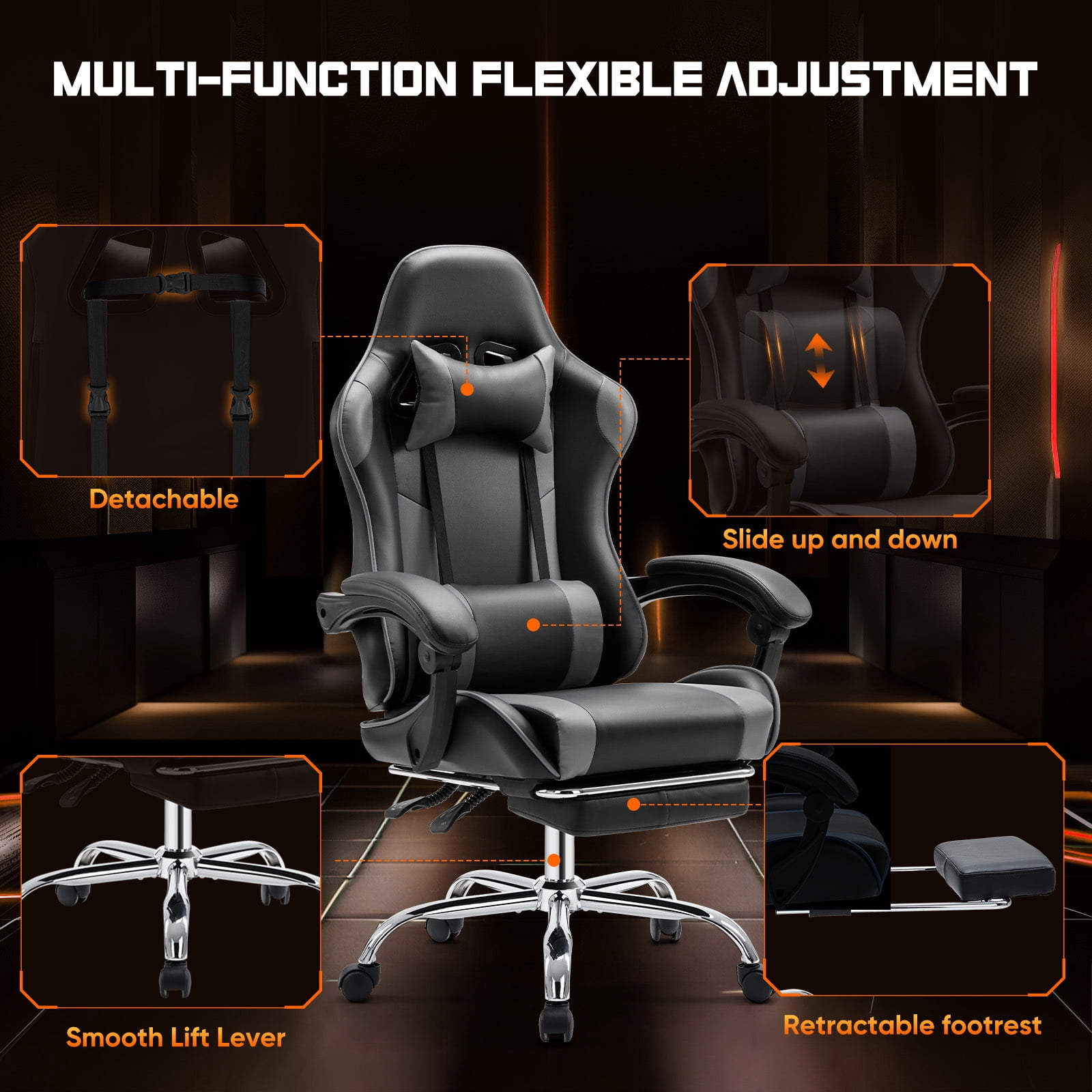 Easy4Home Gaming Chair with Sofa Spring Cushion, Ergonomic Office Chair with Lumbar Support and Footrest, High Back Computer Game Chair for Adults, Black&Gray