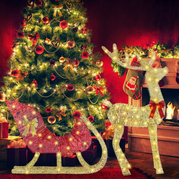 HiiKaa 4.5FT Lighted Christmas Reindeer & Sleigh Outdoor Yard Decoration Set With LED Lights 8 Lighting Mode,Artificial Xmas Lighted Holiday Decor for Indoor and Outdoor,Gold