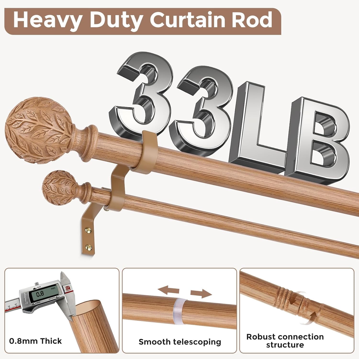 Wood Double Curtain Rod 36-124 Inch, Boho Decorative Long Dual Curtain Rods for Windows, 1 Inch Adjustable Heavy Duty Double Rod, Unique Handmade Imitation Wood Grain Leaf Finial Design