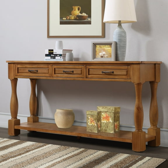 63 Inch Farmhouse Chic Style Wood Console Table with Storage, Sturdy Extra-Thick Sofa Table for Entryway Hallway Living Room, 3 Drawers and 1 Bottom Shelf, Easy Assembly, Brown