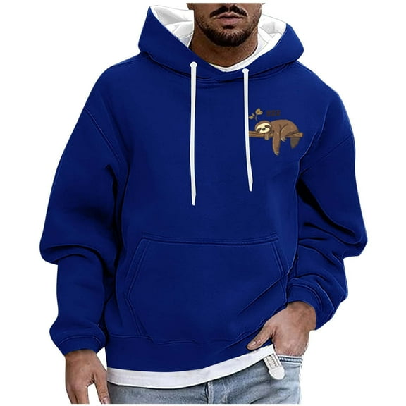 Lorytime Work Hoodies for Men Printted Sweatshirt Long Sleeve Drawstring Drop Shoulder Pullover with Pocket Tops Blue M