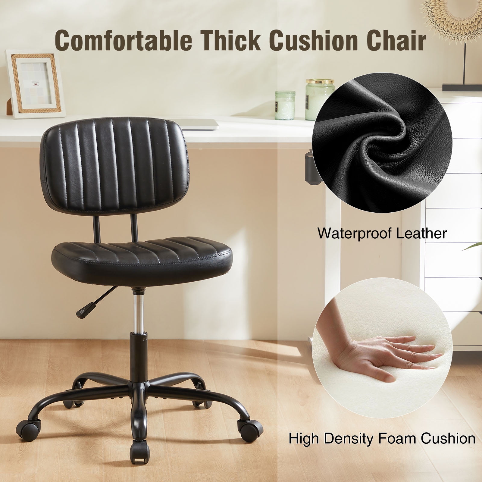 Gianna Armless Office Chair – Adjustable Rolling Task Chair with Lumbar Support for Comfortable All-Day Sitting, Black