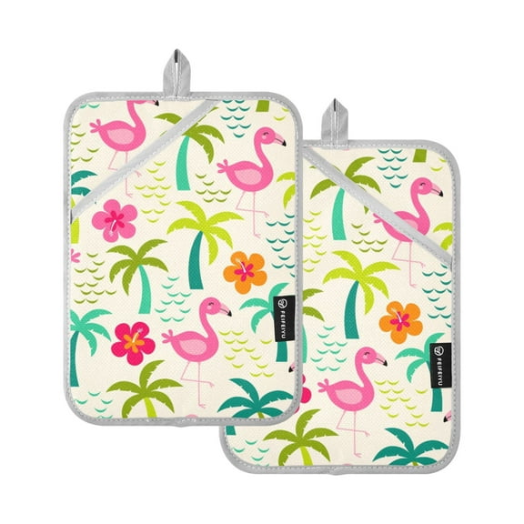 Cute Flamingo Palm Tree Pot Holders Set of 2 Heat Resistant Kitchen Oven Gloves Potholder Cooking Baking Microwave Mitts