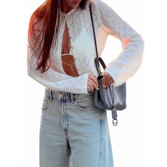 Women'S Cardigan Hollow Out Button Front V Neck Long Sleeve Knit Crop Sweater Top Milky White S