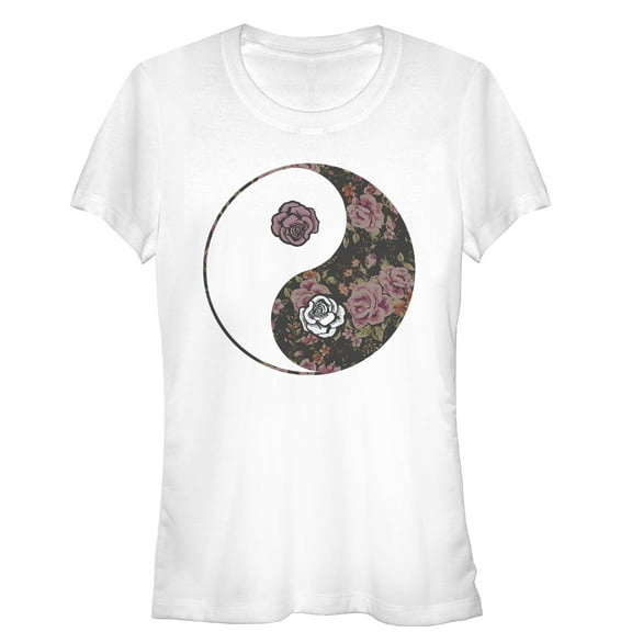 Junior's Lost Gods Yin Yang Roses Graphic Tee White 2X Large