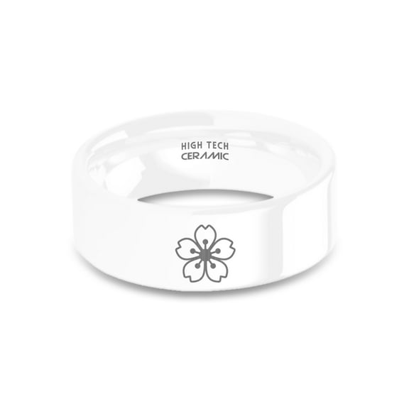 Sakura Mon Cherry Blossom White Ceramic Wedding Band, Polished, 8mm, Size 15