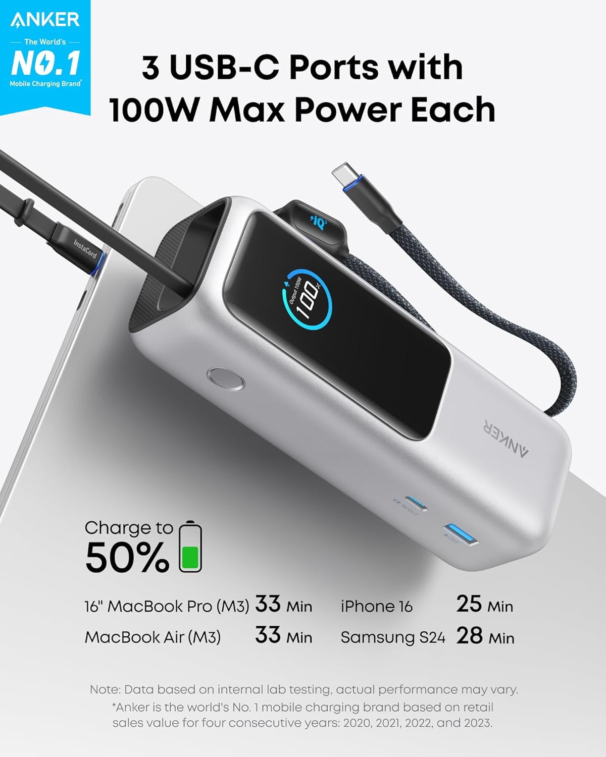 Anker Laptop Power Bank, 25,000mAh Portable Charger with Triple 100W USB-C Ports, Built-in Retractable Cables, Flight-Approved for Travel, Compatible for iPhone 17/16 Series,Macbook,Samsung, and More
