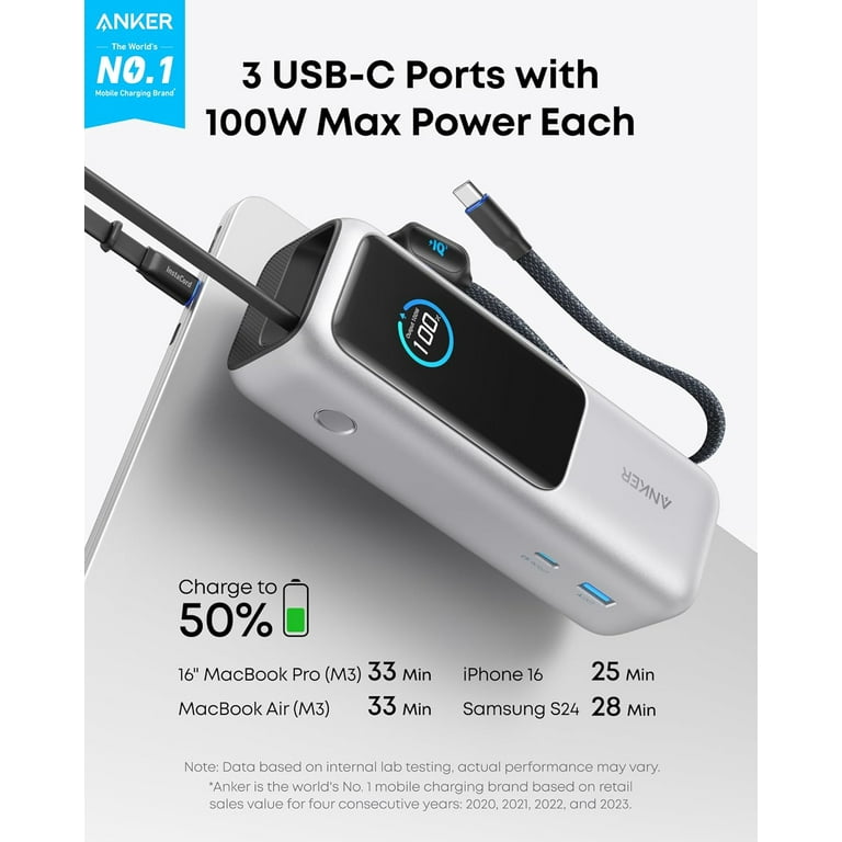 Anker Power Bank (25K, 165W, Built-in and Retractable Cables