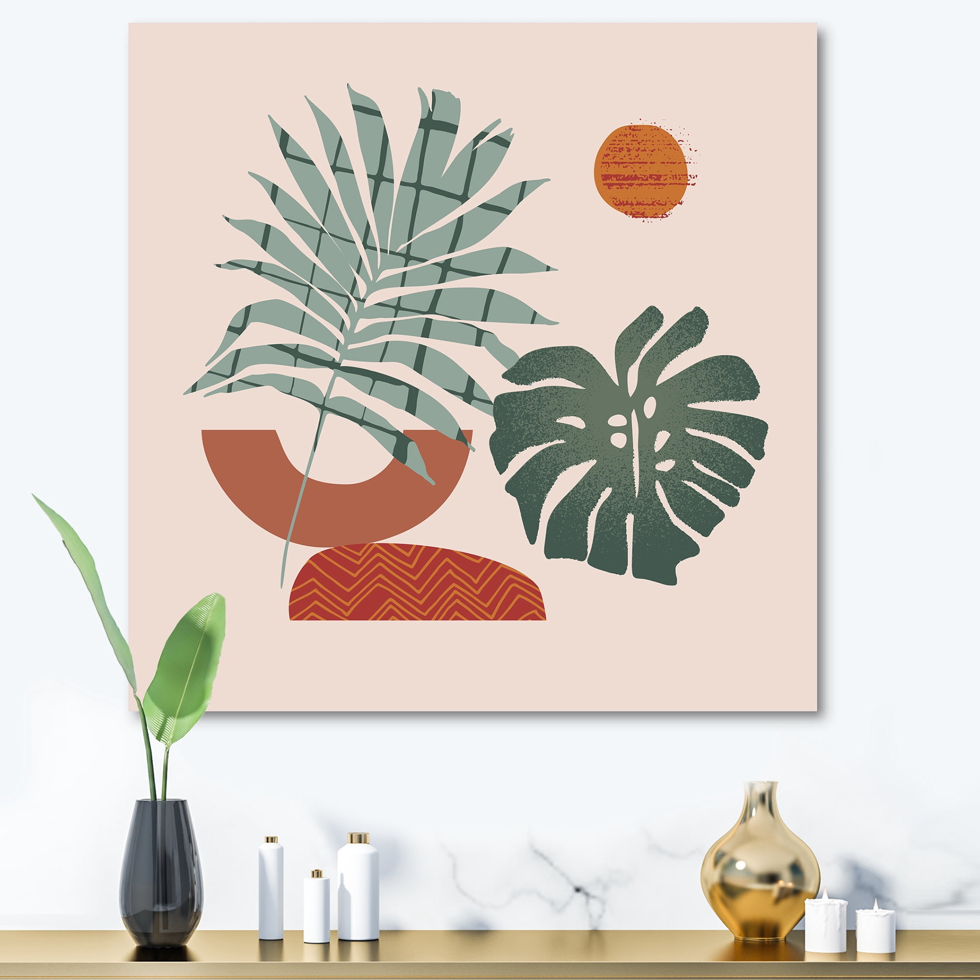 Designart ' Sun and Moon Shapes In Retro Green & Terracotta Tone ' Modern Canvas Wall Art Print