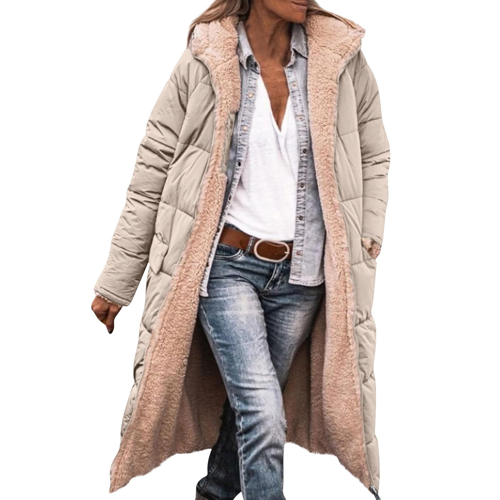 Fleece Jacket Women Long Puffer Coat Women Oversized Reversible Jackets Shearling Hooded Winter Fashion Coat Clothes Khaki XXL
