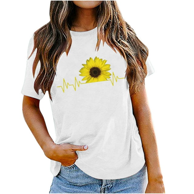 EQWLJWE Hauts à Col en V pour Femmes Mode Féminine Col Rond Manches Courtes Imprimé Tournesol de Pâques Hauts d'Été pour Femmes 2023