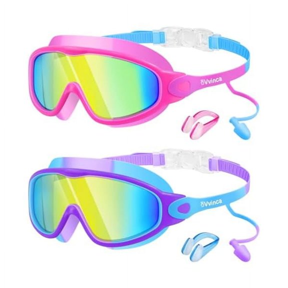 Swim Goggles, Kids Goggles with Earplugs& Nose Clip Wide View Anti-Fog/UV Swimming Goggles for Age 3-15 Boys Girls