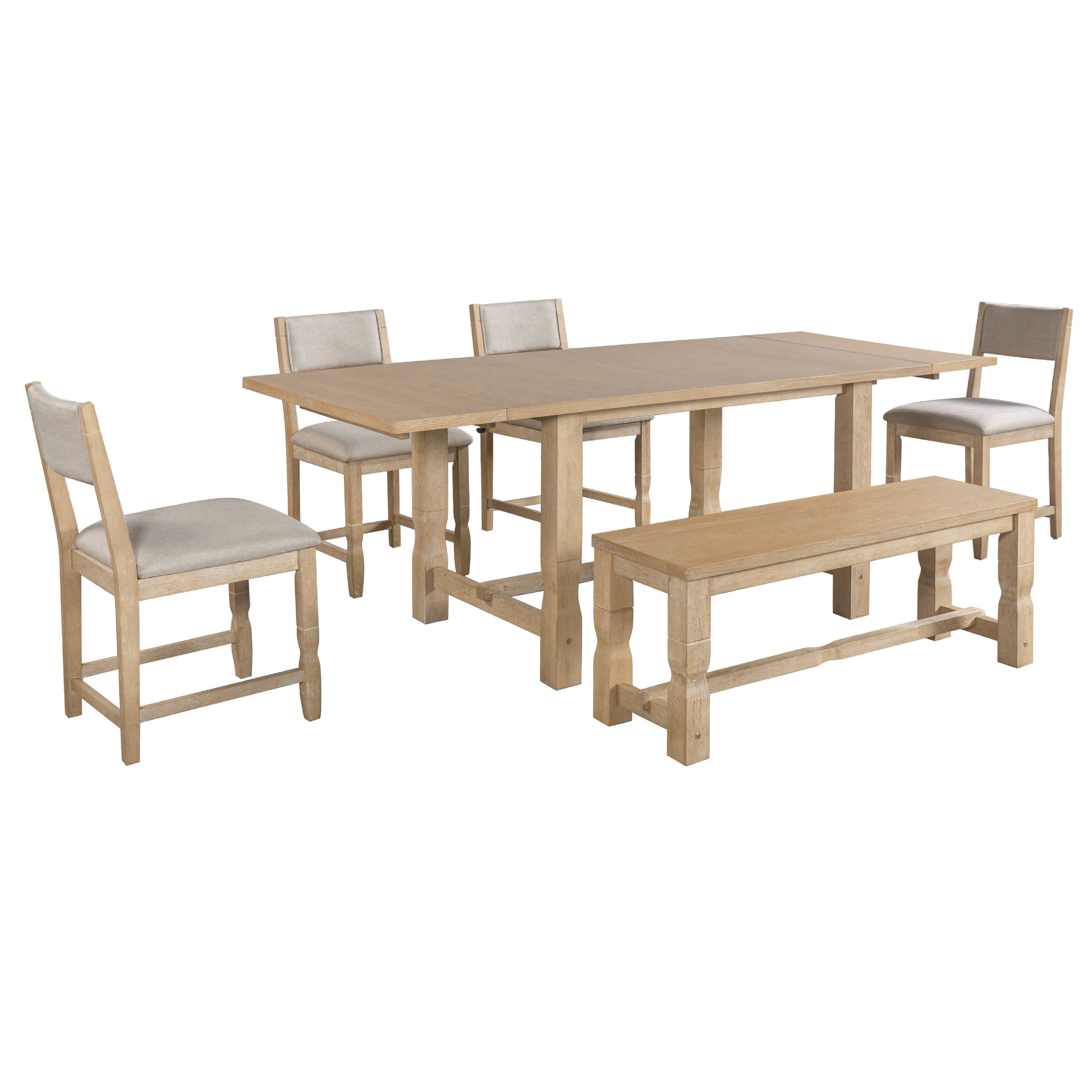 Mintazer 6 Piece Extendable Dining Table Set with 4 Upholstered Dining Chairs & Bench, 84 Inch Rectangular Farmhouse Dinner Table with 2 Removable Leaves for Kitchen Dining Room Apartment, Natural