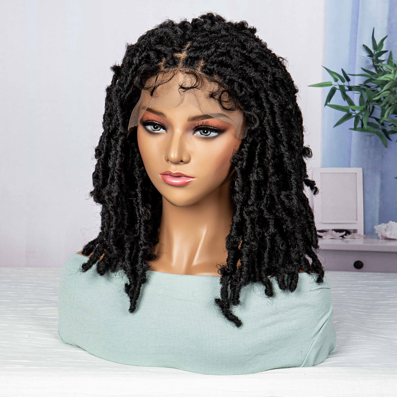 Synthetic Dreadlocks Knotless Braided Wigs Lace Frontal Wig for Black Women Short Bob 16 Inches Natural Black Locs Crochets Braiding Wigs