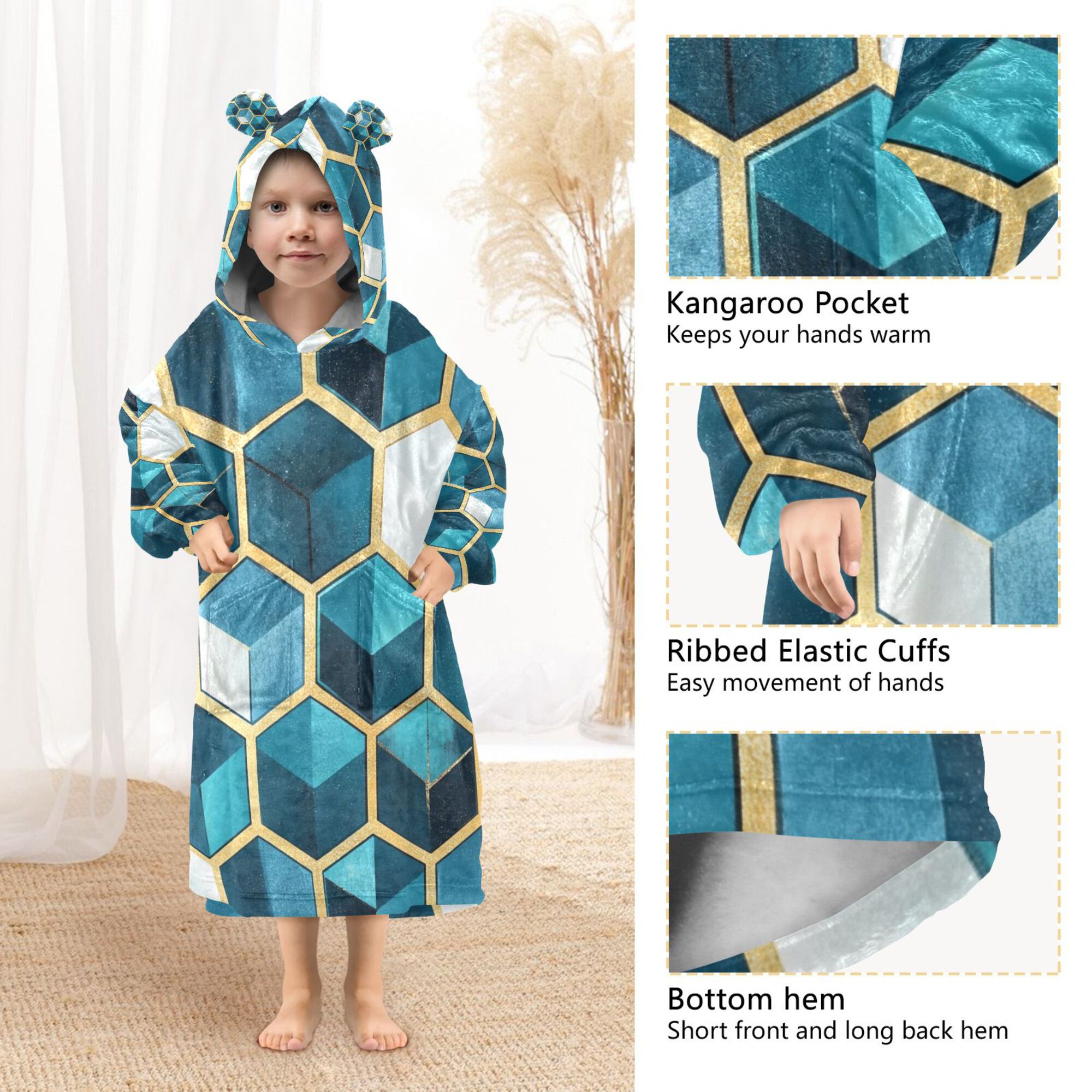 FORMRS Wearable Blanket Hoodie with Sleeves for Kids Cozy Flannel Sweatshirt, Light Blue Geometric Pattern