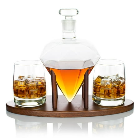 Decanter Steel Atterstone Diamond Decanter Set, Full Set with Custom Mahogany Decanter Stand, 2 Diamond Whiskey Glasses, 9 Whiskey Stones and Stainless Steel Funnel ()