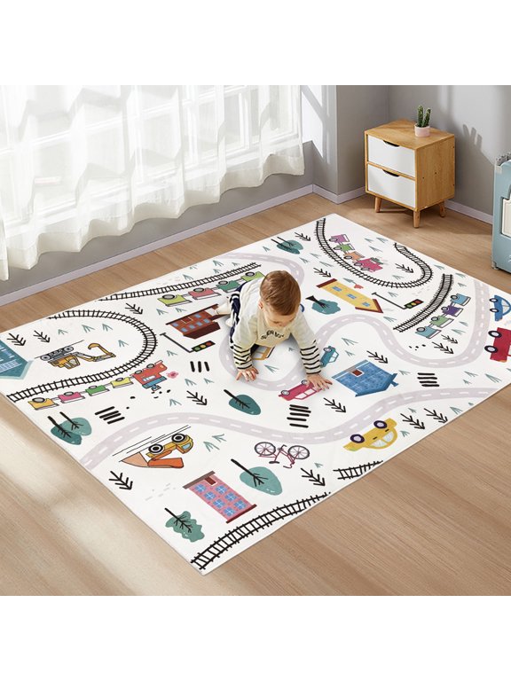 Kids Carpet 5Ft Play Mat Cute Car Rug for Boys Girls Town Rug for Playroom Road Map Educational Area Rug for Kids Bedroom Nonslip Classroom Rug 3.3x5, White