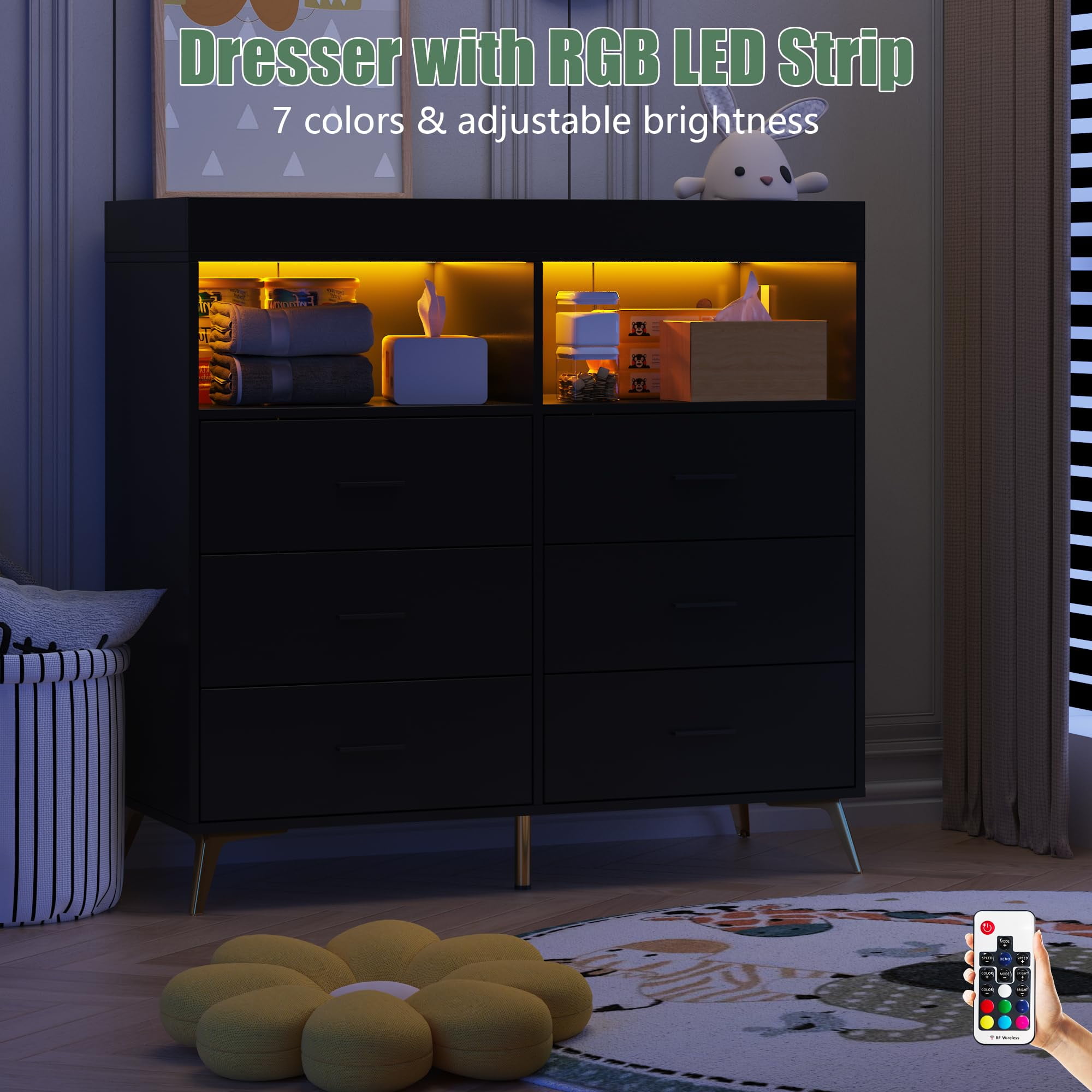 Luku Dresser for Bedroom with LED Lights and Power Outlet, Baby Changing Table Dresser with 6 Drawers, 2 Open Storage Shelves, Baby Dresser with Changing Table Top
