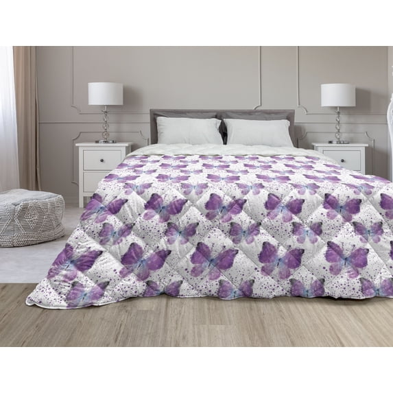 Butterfly Down Alternative Comforter, Vortex Shapes Polka Dots Background Flower Pattern Colorful Animal Design, Microfiber Quilt for All Season, 5 Sizes, Multicolor, by Ambesonne