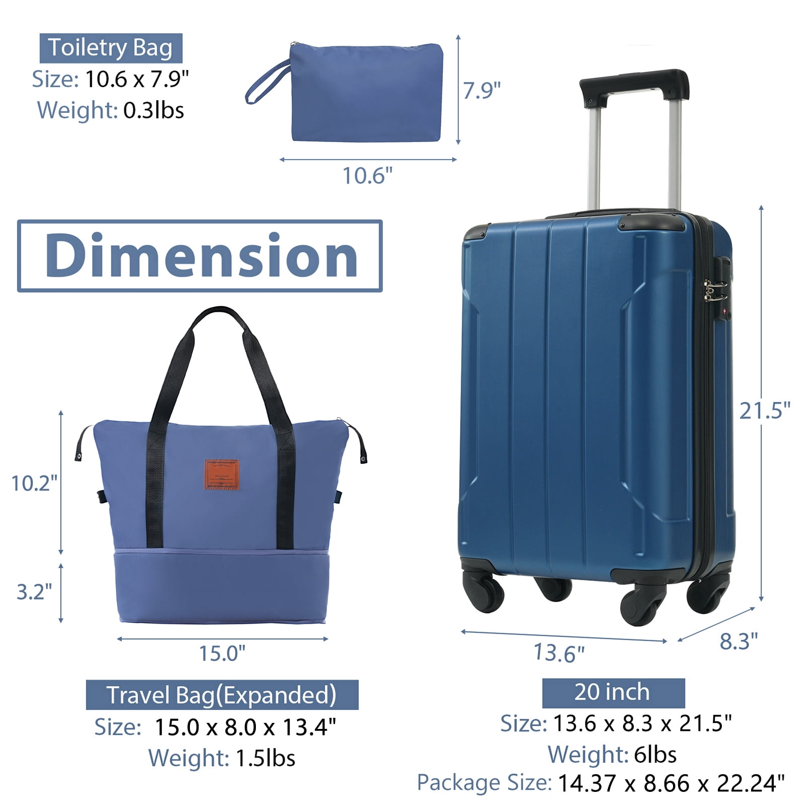 imerelez 20 Inch Carry On Luggage Set 3 Piece with Spinner Wheels, Lightweight Hardshell ABS Suitcase for Weedend Getaways, Business Travel, Blue