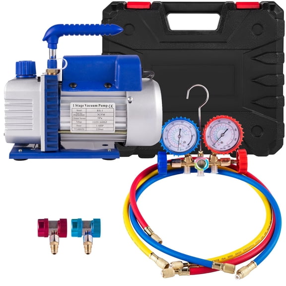 1/4 HP Single Stage Vacuum Pump for HVAC,AC Refrigeration Kit with Manifold Gauge,R134a R12 R22 R410a Compatible,Includes Can Tap and Carrying Tote