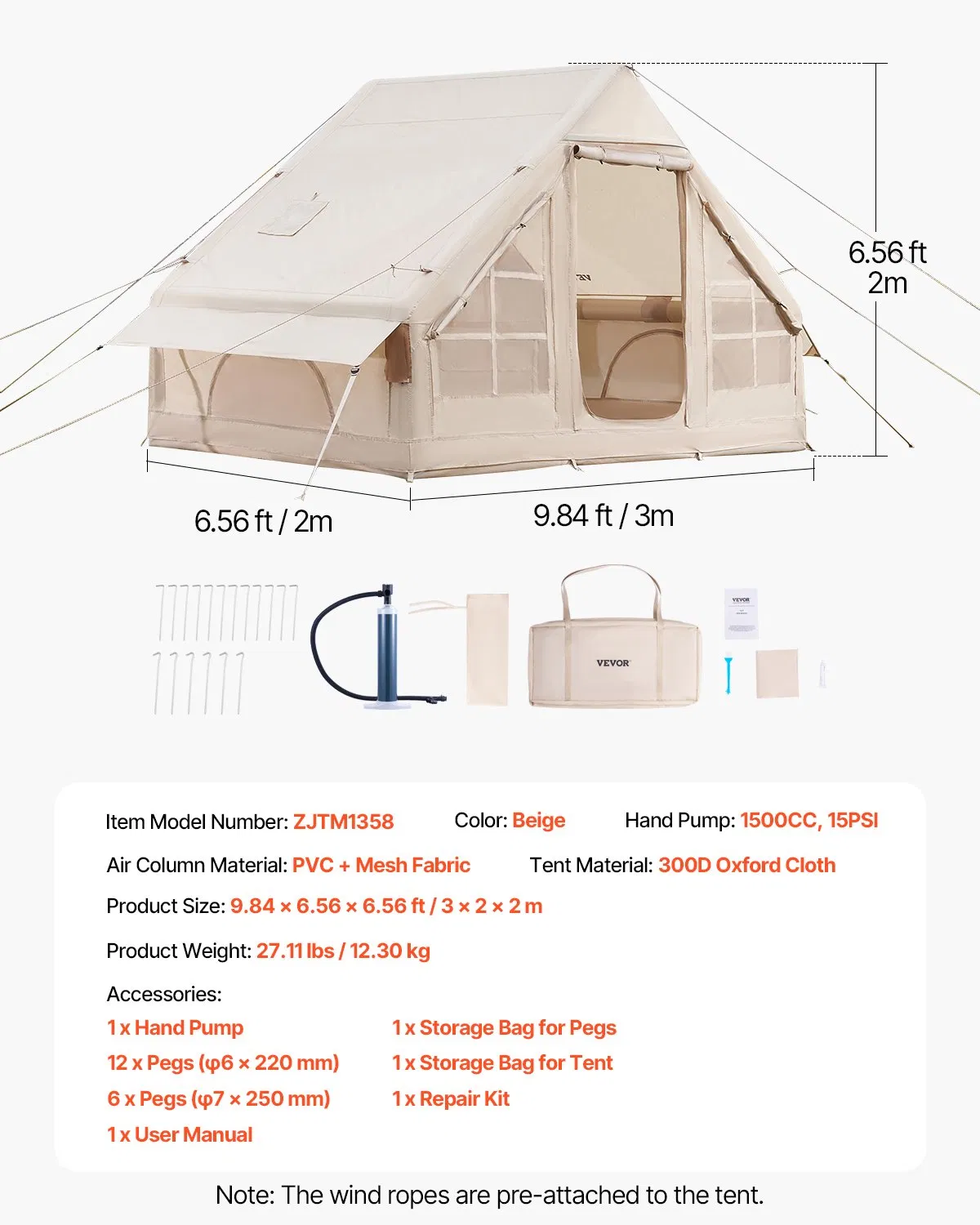 Inflatable camping tent, with manual pump, 300D Oxford fabric, with stove socket, 2 doors and 2 mesh windows, equipped with storage bag, easy to carry, suitable for outdoor camping