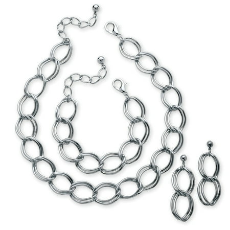 3 Piece Double Curb-Link Necklace, Bracelet and Earrings Set in Silvertone
