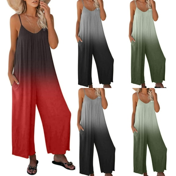 Women's Loose Sleeveless Jumpsuits Adjustable Spaghetti Strap Stretchy Pant Wide Leg Romper Jumpsuit with Pockets