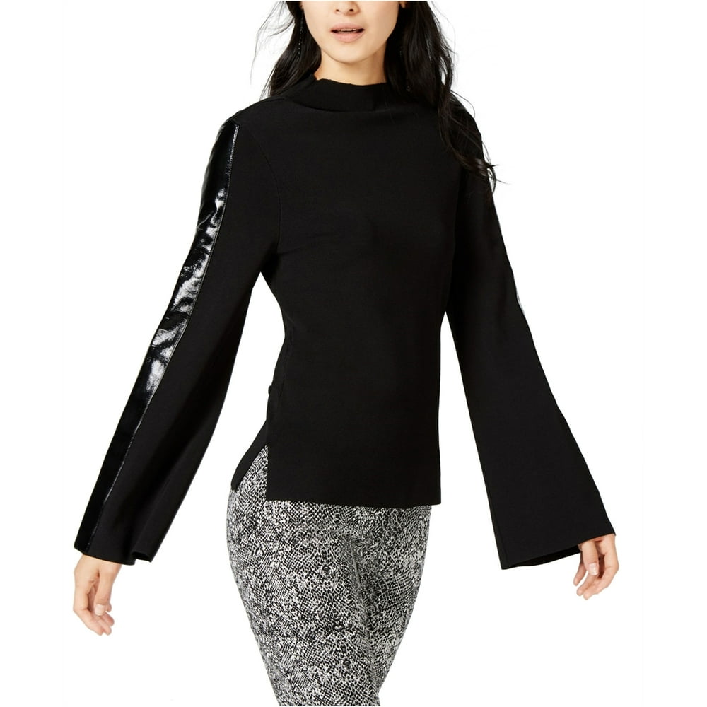 INC INC Womens Faux Leather Stripe Pullover Sweater, Black, Small