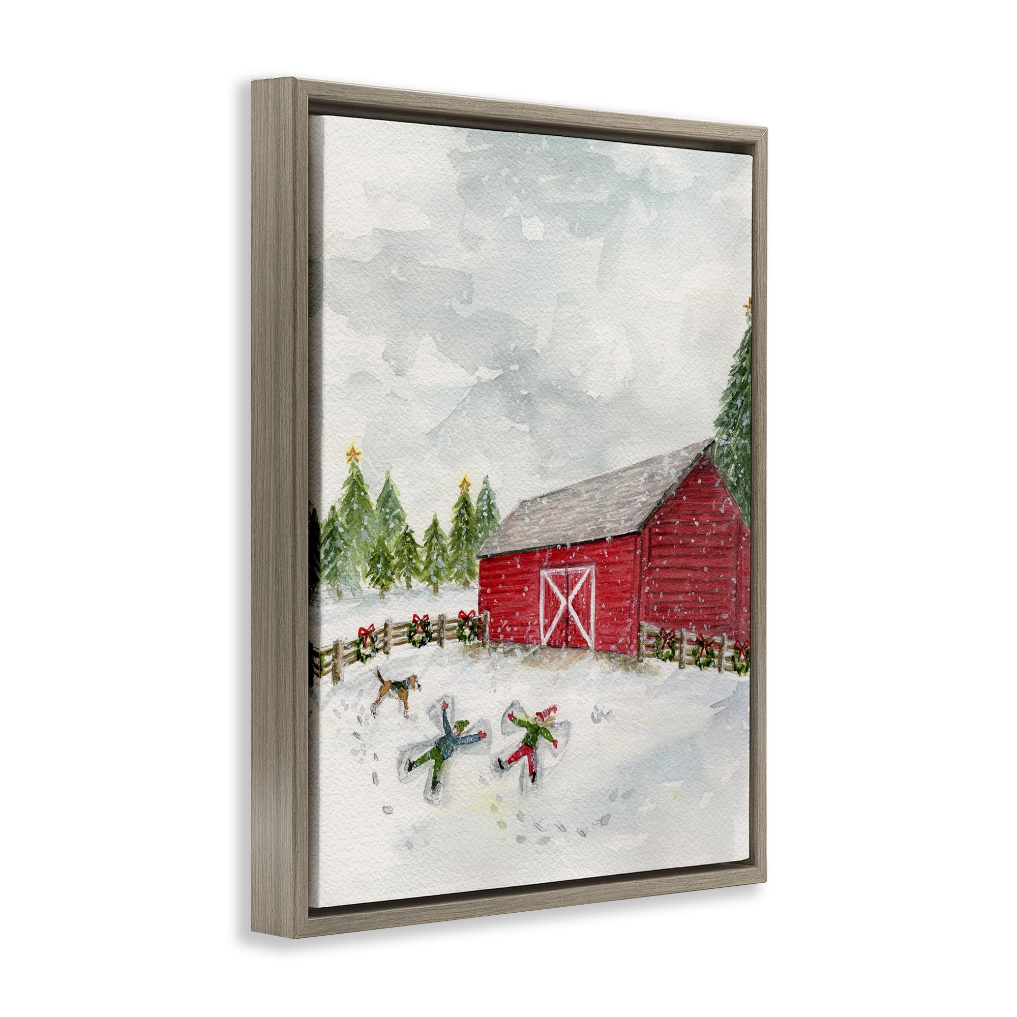 Stupell Industries New England Snow Angels Holiday Painting Brown Floater Framed Art Print Wall Art, 25 x 31