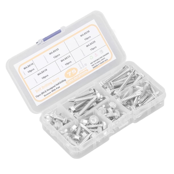 Tornillos para chapa de metal, 75 piezas de tornillos autoperforantes con cabeza de arandela hexagonal, tornillos autoperforantes para chapa de metal, kit surtido de durabilidad extendida Jadeshay A