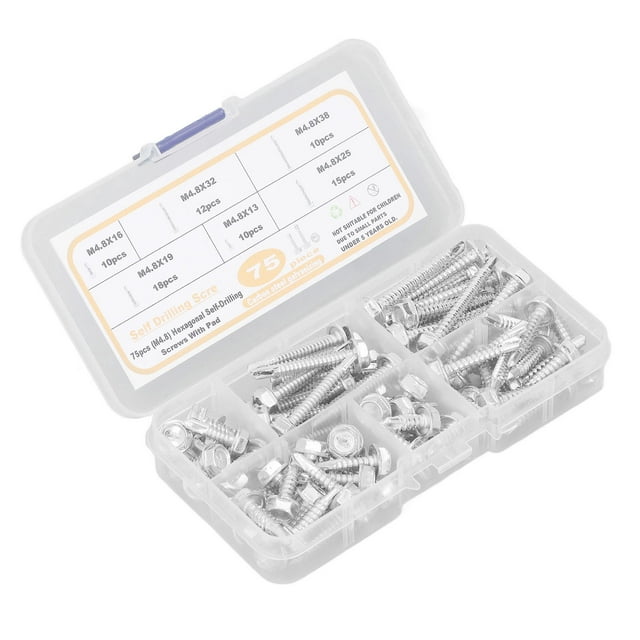 tornillos para chapa de metal, 75 piezas de tornillos autoperforantes con cabeza de arandela hexagonal en caja transparente con compartimentos; tornillos de acero al carbono galvanizado M4.8 en largos 13,16,19,25,32 y 38 mm para reparación y protección de roscas, vista 3/4 con tapa abierta mostrando organización por tamaño.
