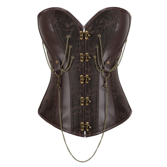 Women's Brown Jacquard Faux Leather Sweetheart Strapless Corset With Metal Chains Steel Boned Waist Trainer for Steampunk Gothic Cosplay