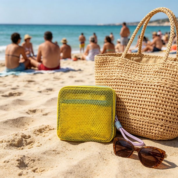 Bolsa de playa de malla con diseño a prueba de arena: organizador de artículos de aseo de viaje de nailon transparente para piscina, gimnasio o uso diario.