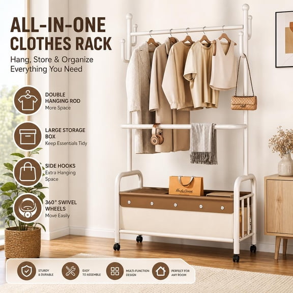 GIATUEE Portable Metal Clothes Rail with Shelves & Hooks – Free Standing Garment Rack for Bedroom, Mobile Clothes Hanging Rack with Shoe Storage