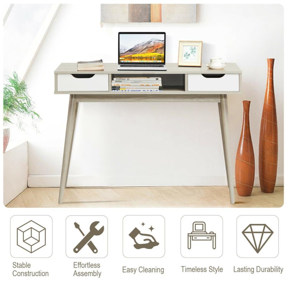 Demi Bonn Stylish Computer Desk Workstation with 2 Drawers and Solid Wood Legs, Small Home Office Desk Study Writing Table, Gray