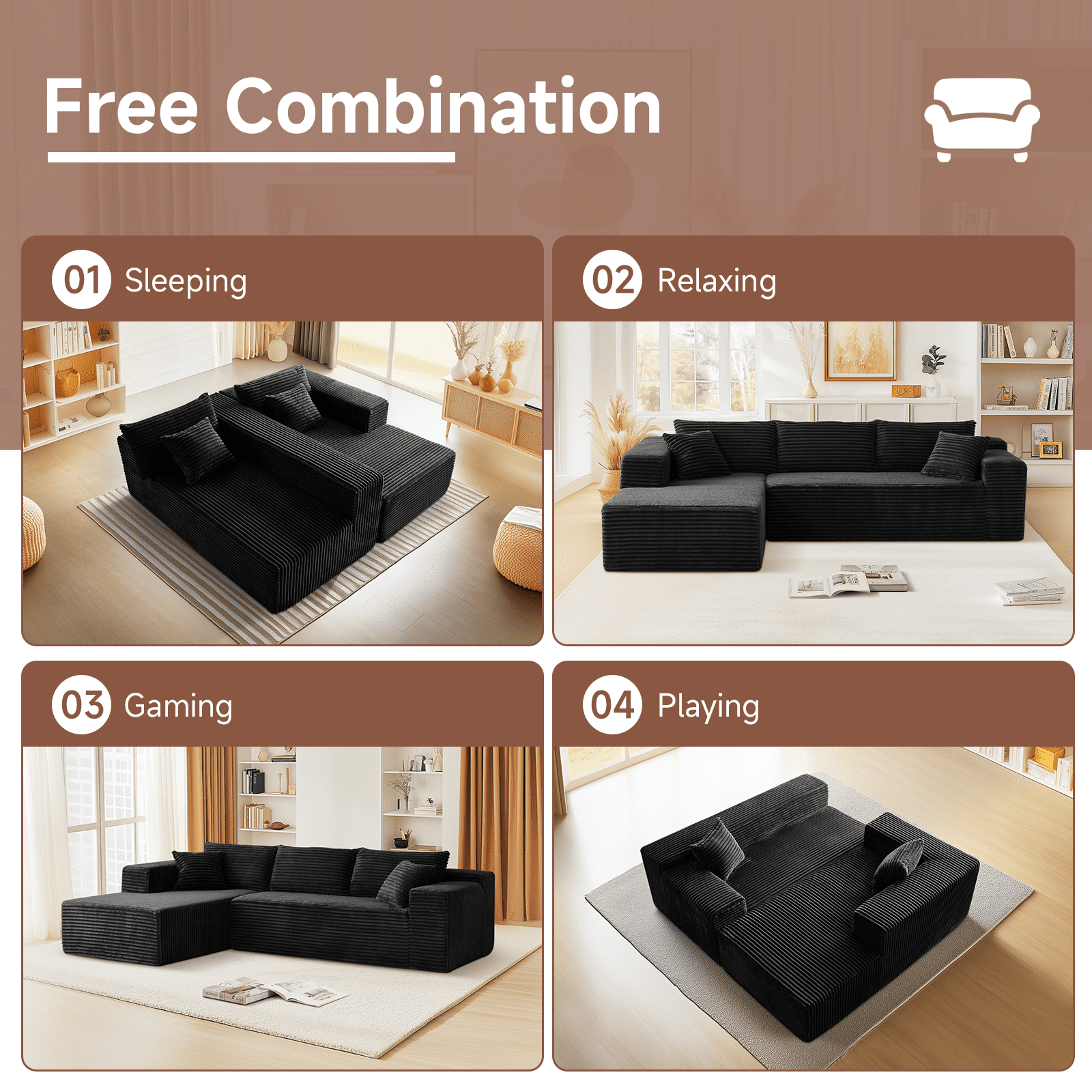 104" Flannel Sectional Sofa, L-Shaped Modern Modular High-Density Sponge Corner Sofa with Chaise Lounge & Pillows, Upholstered Cloud Couch for Living Room Bedroom Apartment