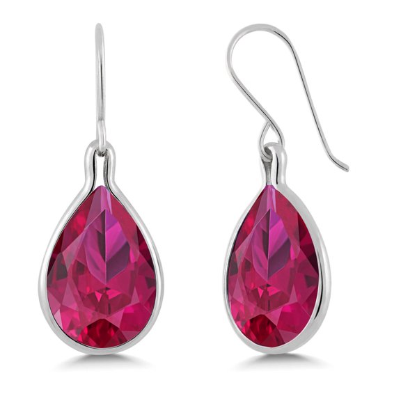 Gem Stone King 925 Sterling Silver Red Created Ruby Dangle Earrings for Women (19.24 Cttw, Pear Shape 16X12MM)
