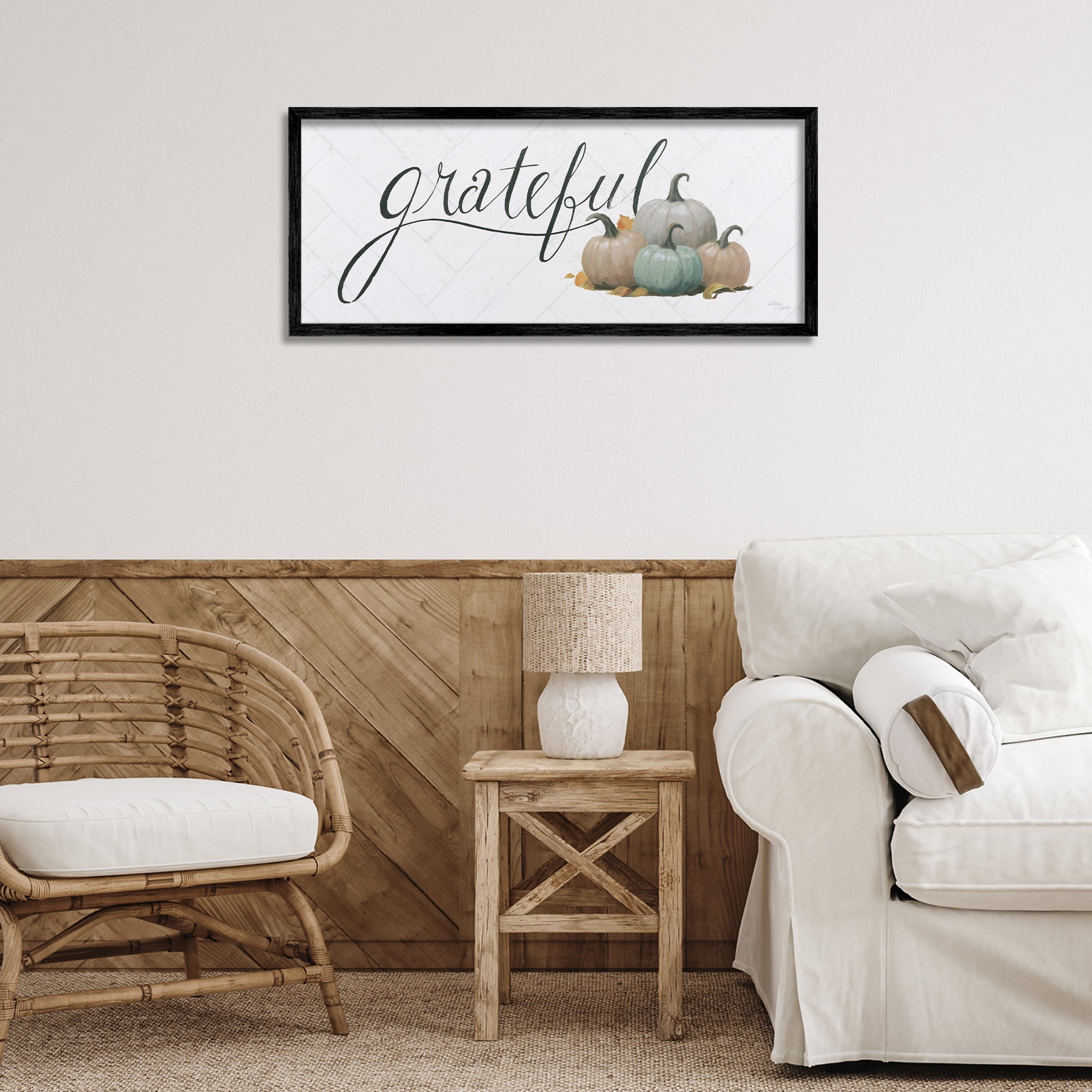Stupell Industries Grateful with Pumpkins Typography Painting Black Framed Art Prints Wall Art, 30 x 13