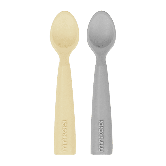 MinikOiOi Scoopers - Mellow Yellow / Powder Gray 100% Food Grade Silicone Scoopers 2Pc Toddler Spoon, Baby Training Spoon 6 Months +, BPA-Free, Gentle On Teething Gums, Dishwasher Safe