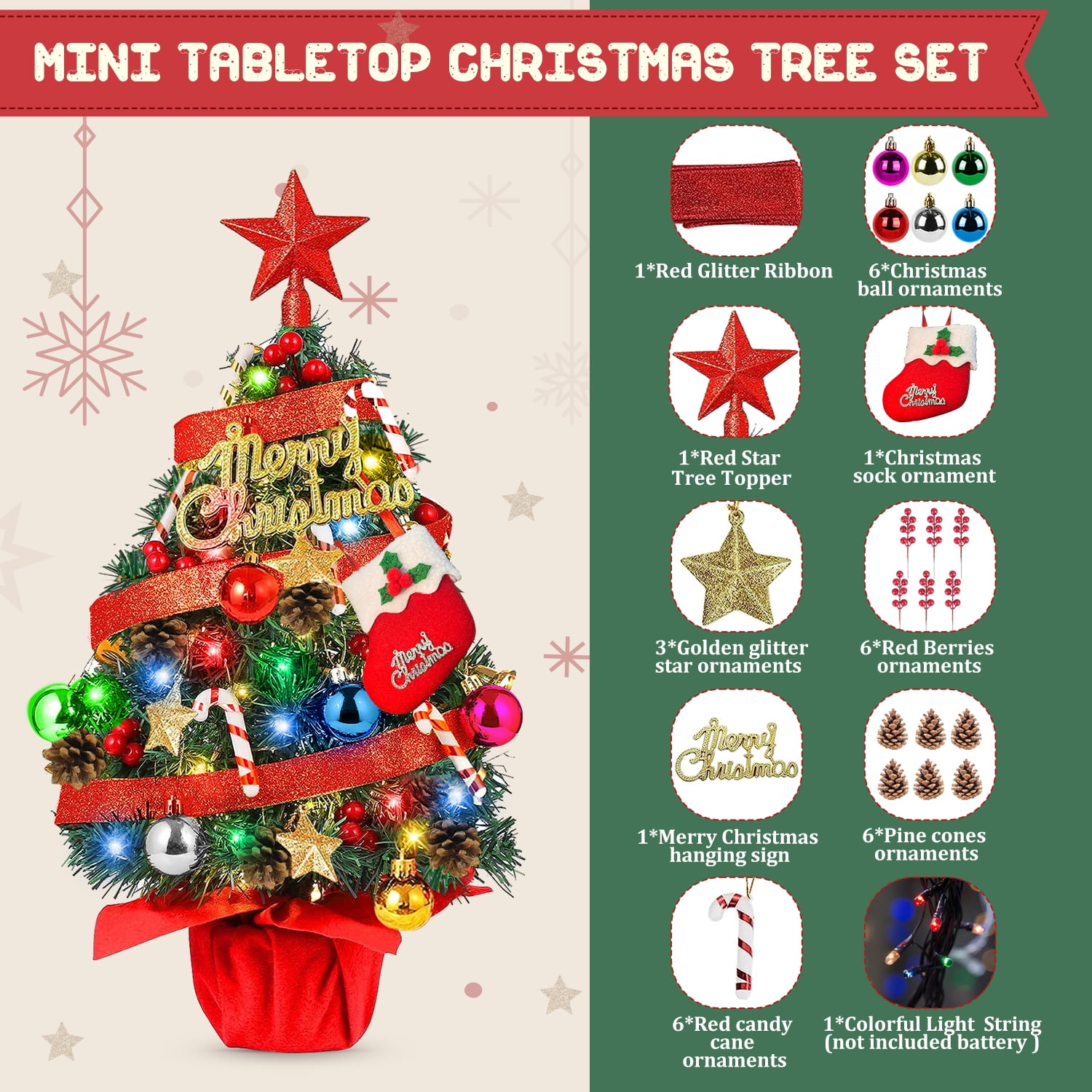 SDJMa 18 Tabletop Mini Christmas Tree Set with LED Light, Star  Treetop,Ornaments Balls,Bells and Pine Cones,Best DIY Christmas Decorations  Red